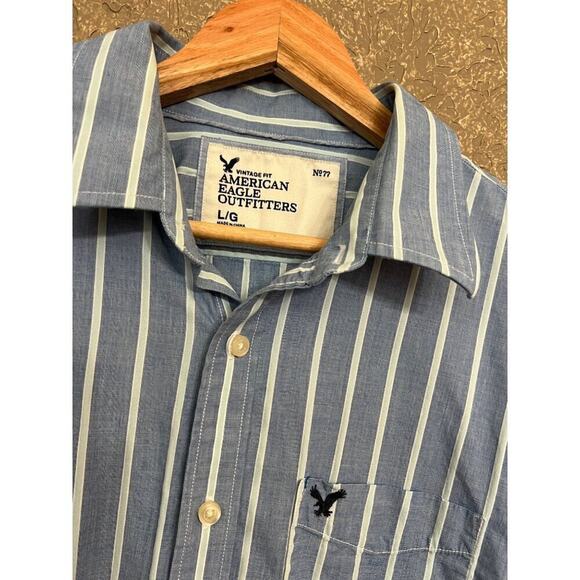 American Eagle Men's Blue Striped Button Up Shirt L - Picture 3 of 7